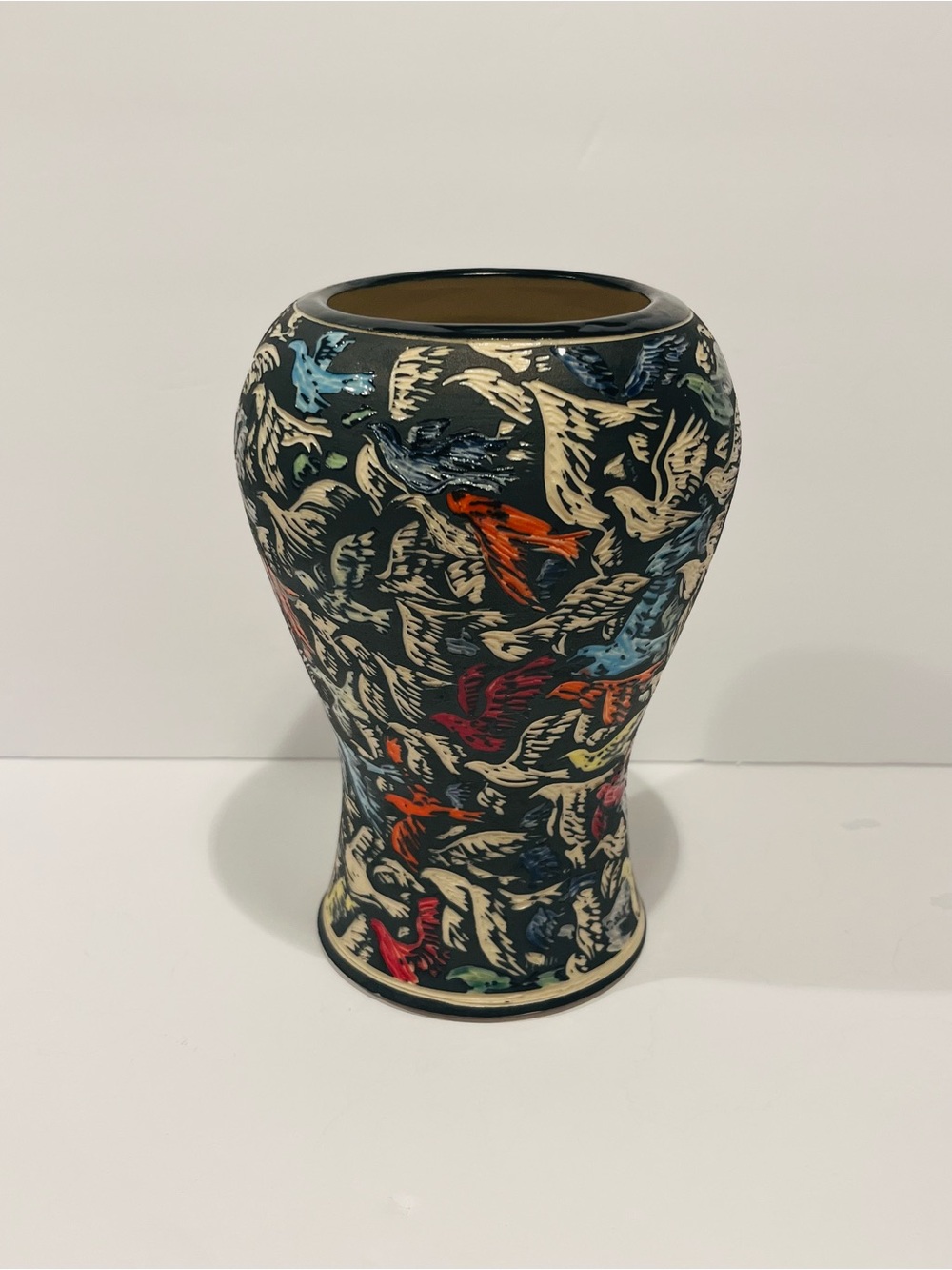 Vintage Very Rare Art Ceramic Pottery Hand Crafted Bird Pattern  Vase 7.5”